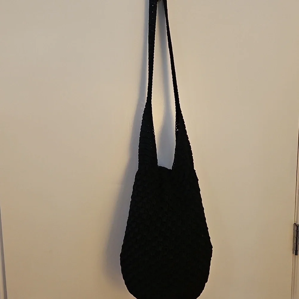 Vintage Black Crochet Drawstring Nap Sack Hobo Festival Bag with Coin Pouch